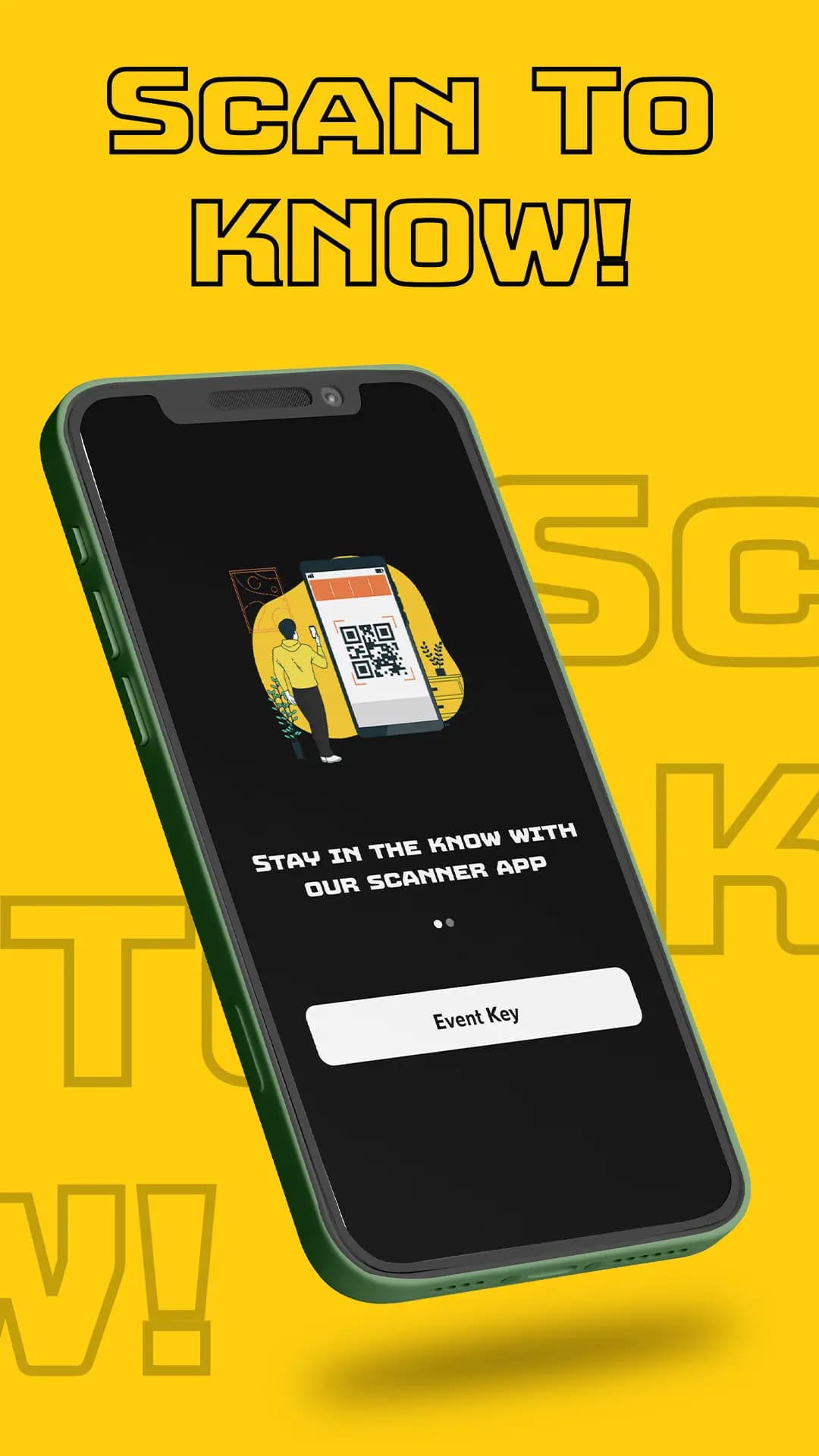 TIKKETS scanner app showing an Event Key entry screen for QR-code check-in